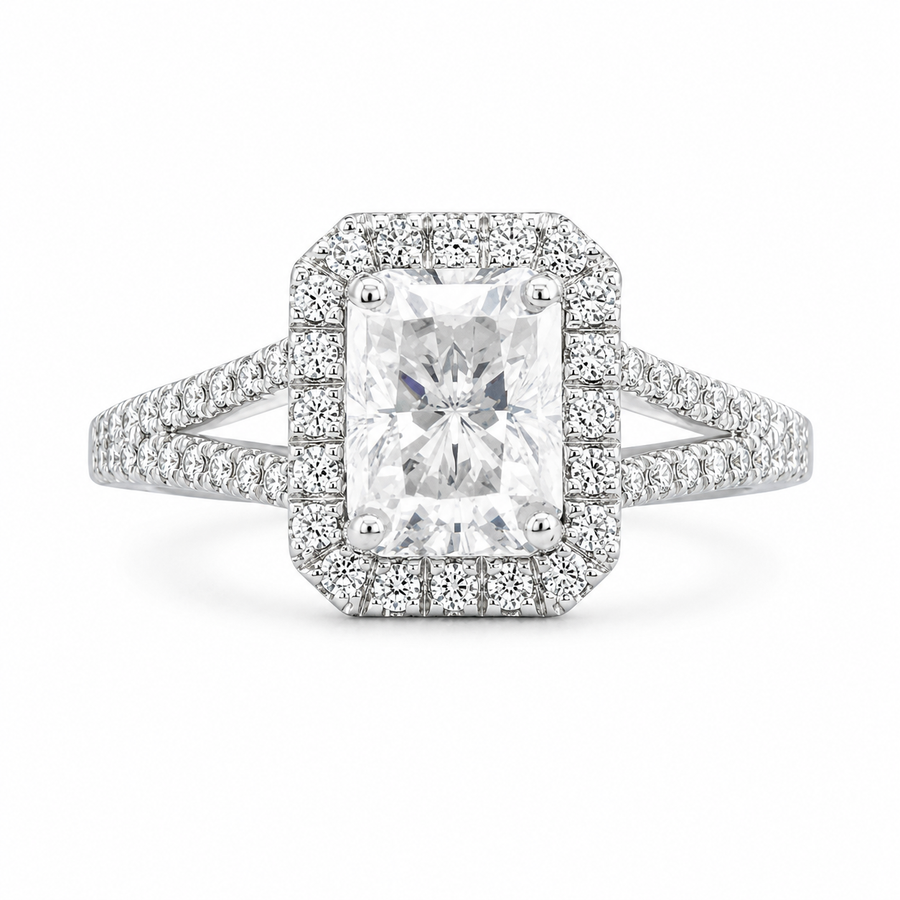 Anna 2.33 ct Lab Grown Emerald Cut Halo Split Shank Diamond Engagement Ring