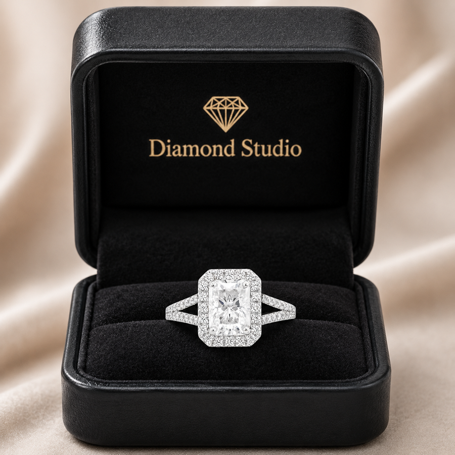 Anna 2.33 ct Lab Grown Emerald Cut Halo Split Shank Diamond Engagement Ring