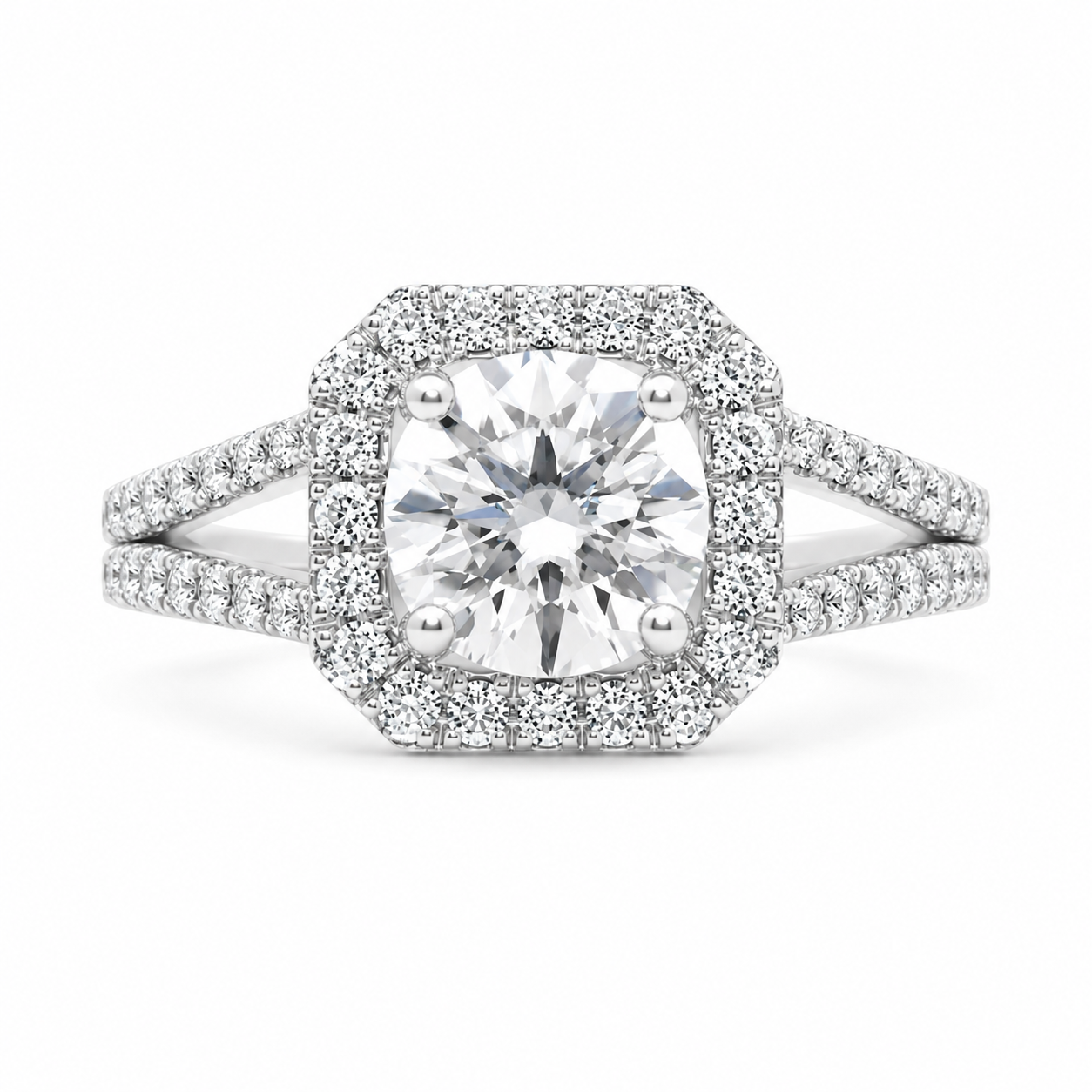 Penelope 1.5 ct Lab Grown Round Cut Split Shank Halo Diamond Engagement Ring