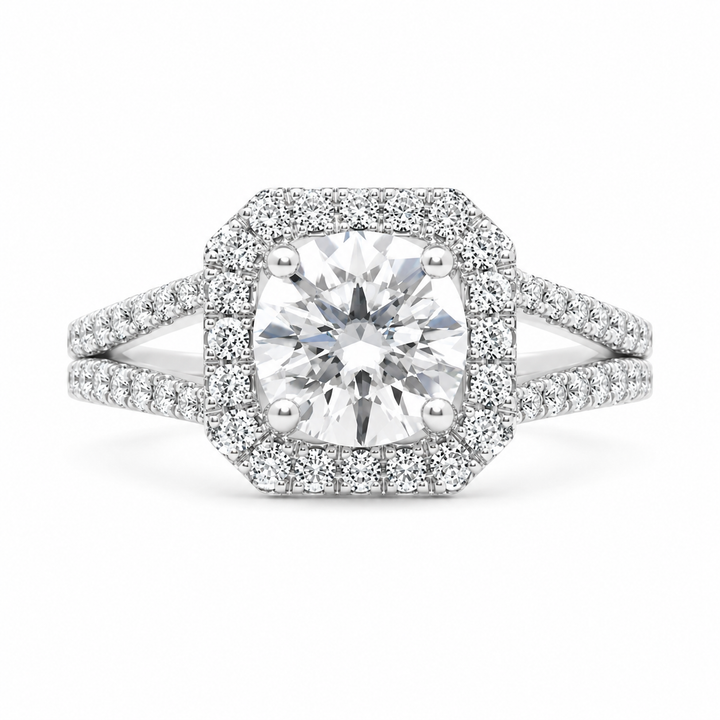 Penelope Lab Grown Round Cut Split Shank Halo Diamond Engagement Ring