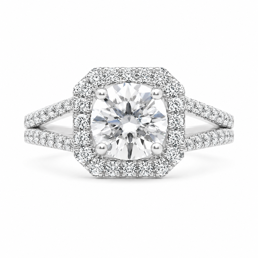 Penelope 1.5 ct Lab Grown Round Cut Split Shank Halo Diamond Engagement Ring