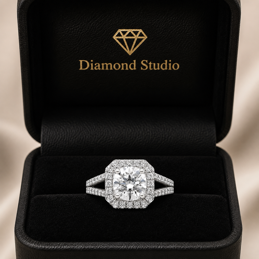 Penelope 1.5 ct Lab Grown Round Cut Split Shank Halo Diamond Engagement Ring