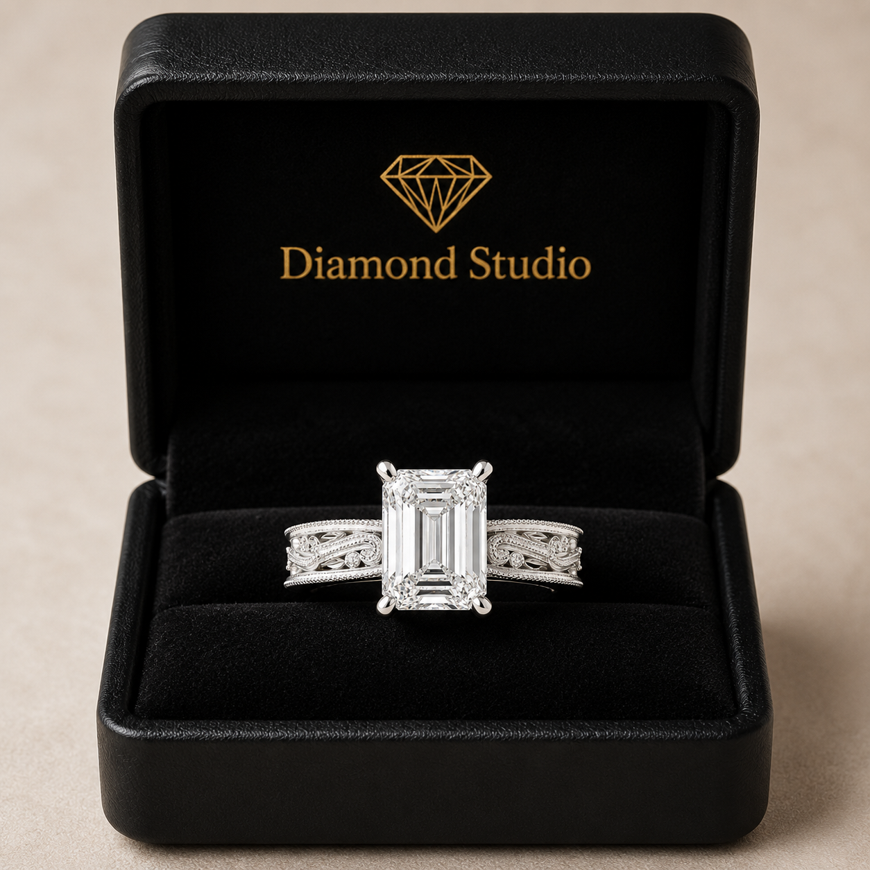 Sabrina 1 Carat Radiant Cut Solitaire Hand Engraved Milgrain Engagement Ring
