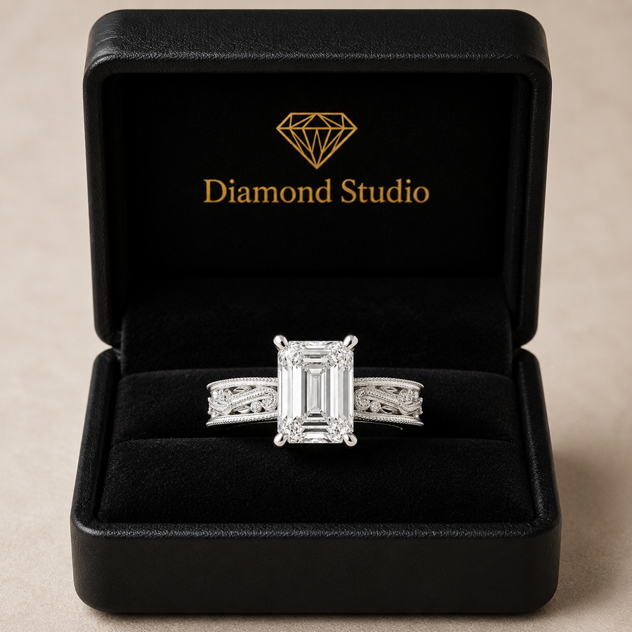 Sabrina 3 Carat Radiant Cut Solitaire Hand Engraved Milgrain Engagement Ring