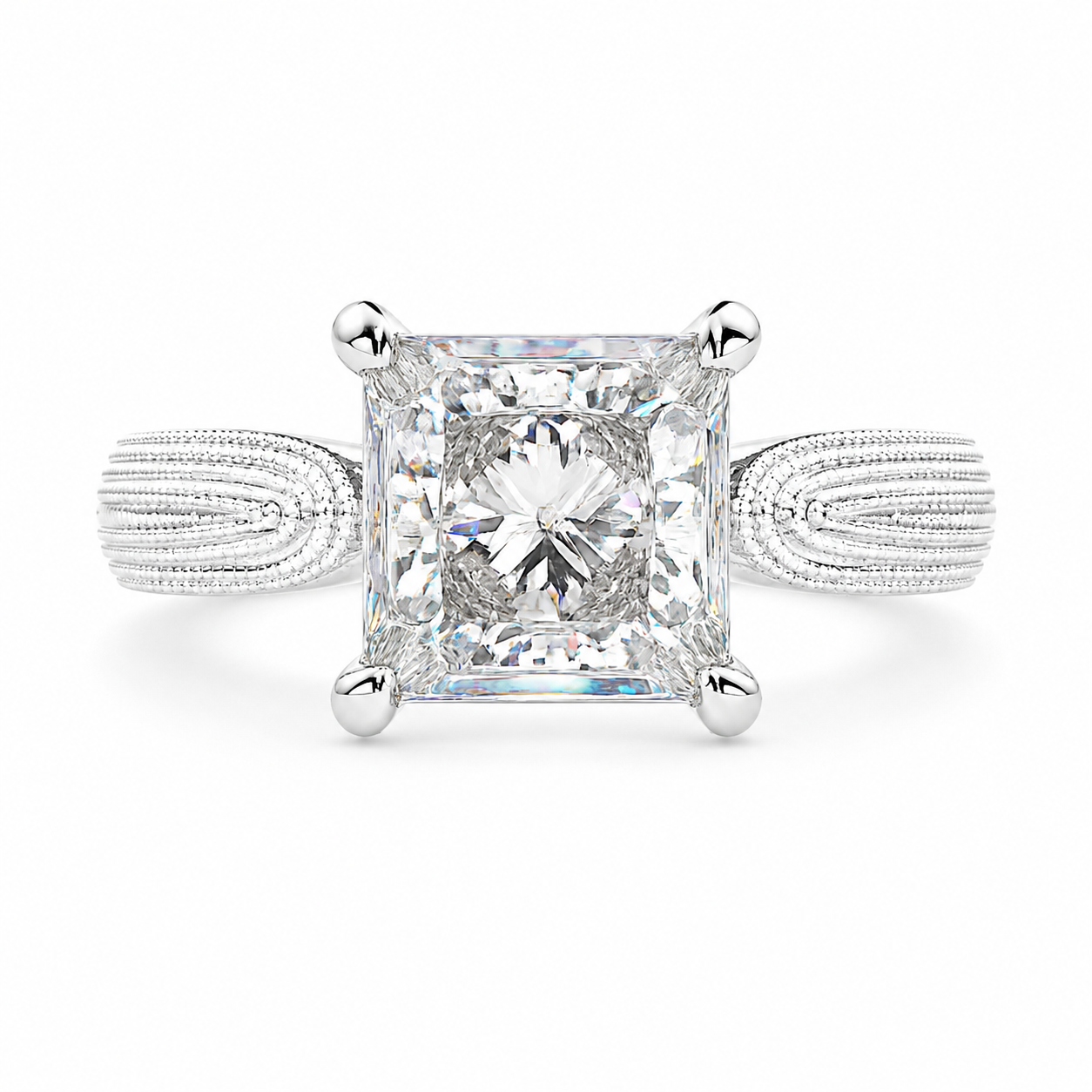 Valentina 4 Carat Princess Cut Solitaire Tapered Milgrain Engagement Ring