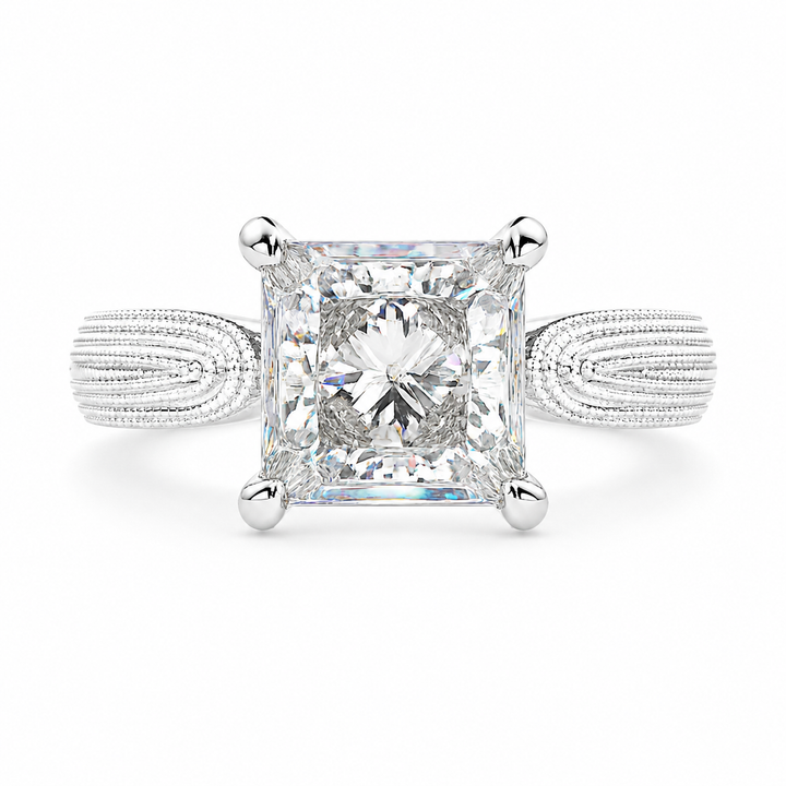 Valentina 4 Carat Princess Cut Solitaire Tapered Milgrain Engagement Ring