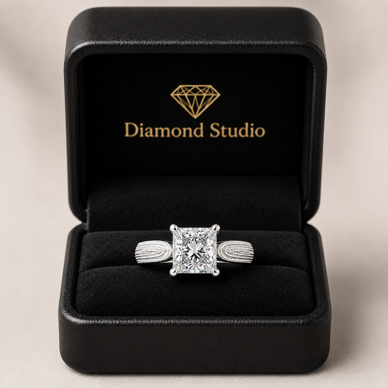 Valentina 4 Carat Princess Cut Solitaire Tapered Milgrain Engagement Ring
