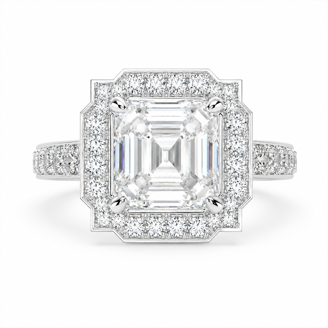 Amalia 4.5 Carat Emerald Cut Halo Pave Engagement Ring