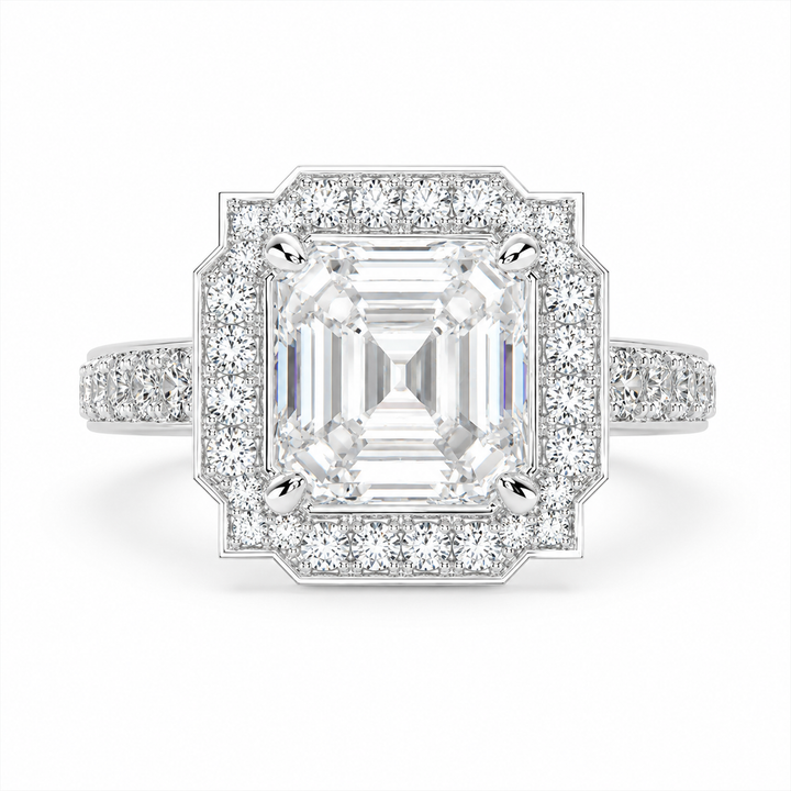 Amalia 4.5 Carat Emerald Cut Halo Pave Engagement Ring