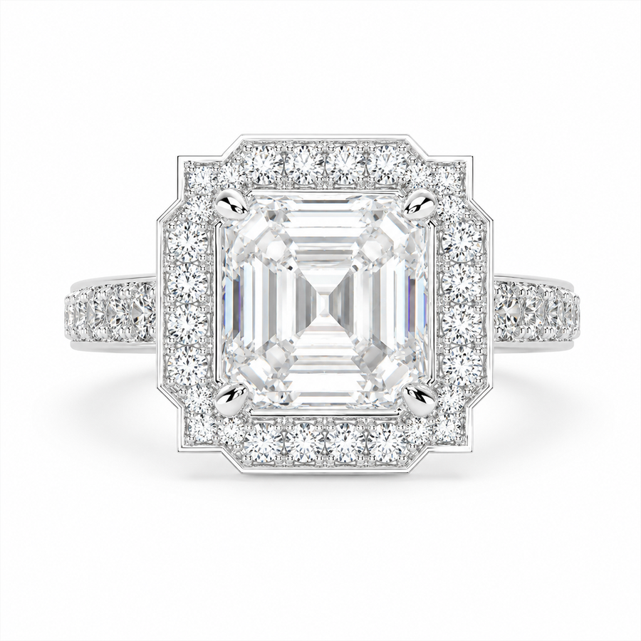 Amalia 4.5 Carat Emerald Cut Halo Pave Engagement Ring