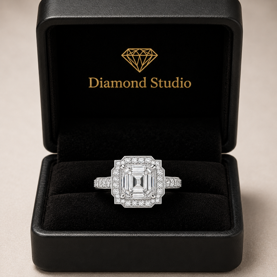 Amalia 4.5 Carat Emerald Cut Halo Pave Engagement Ring