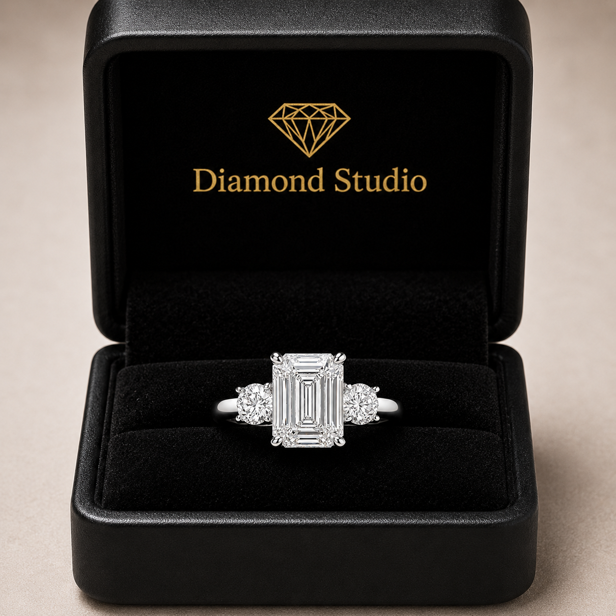 Hana 4.2 Carat Emerald Cut 3 Stone Engagement Ring