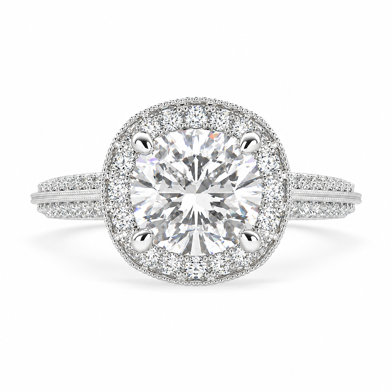 Beatrice 3.45 Carat Cushion Cut Halo Pave Knife Edge Milgrain Engagement Ring