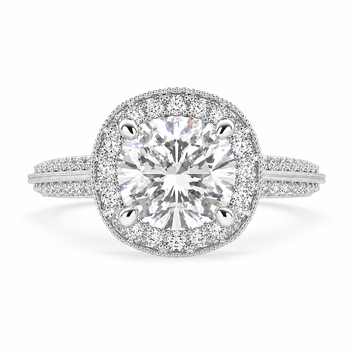 Beatrice 3.45 Carat Cushion Cut Halo Pave Knife Edge Milgrain Engagement Ring