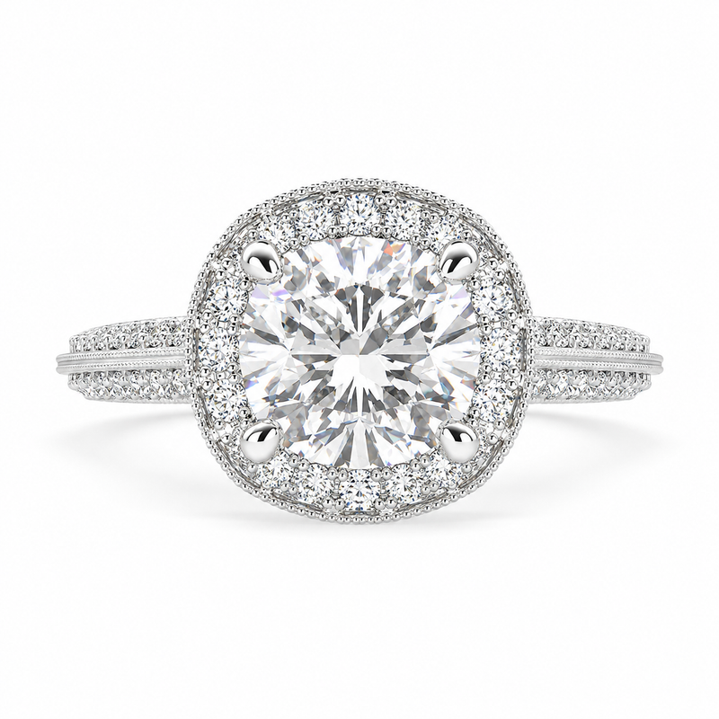 VS1 D Lab Grown Diamond Halo Pave Cushion Ring