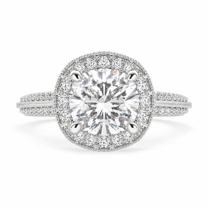 VS1 D Lab Grown Diamond Halo Pave Cushion Ring