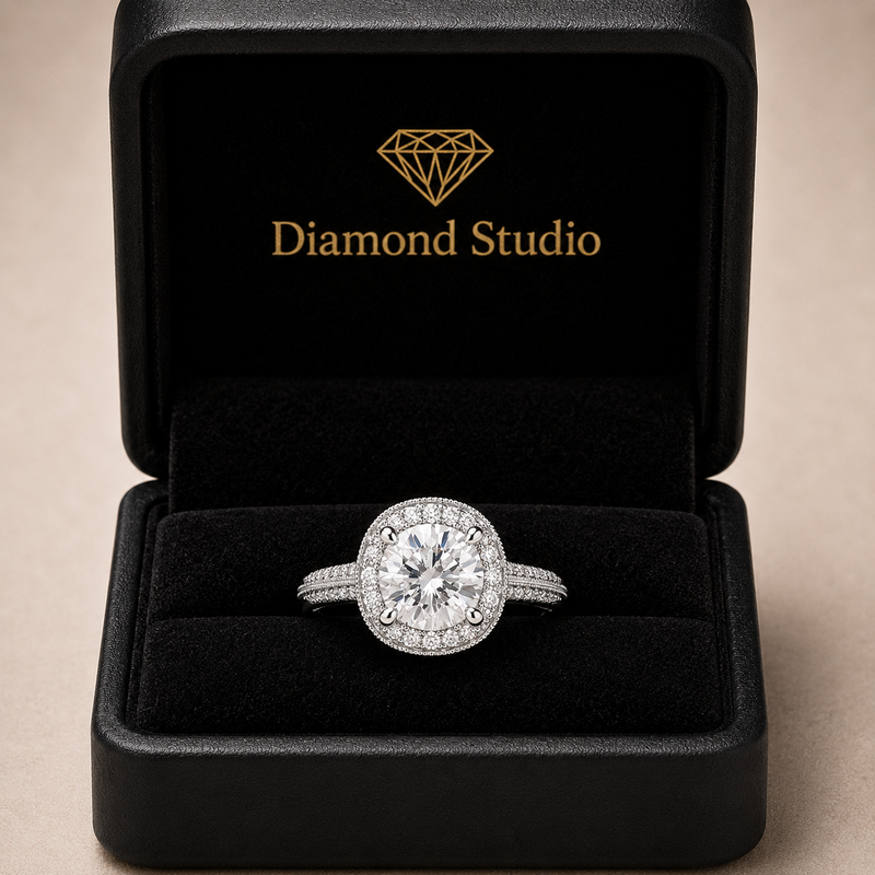 VS1 D Lab Grown Diamond Halo Pave Cushion Ring