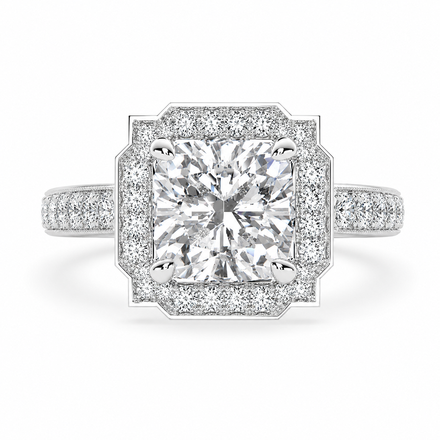 Amalia 4.5 Carat Cushion Cut Halo Pave Engagement Ring