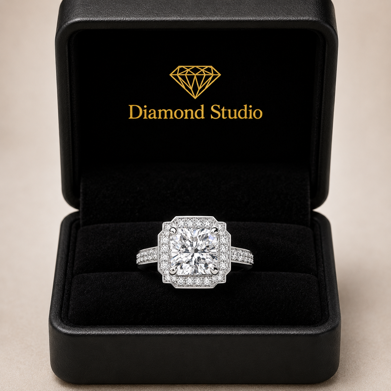 Amalia 4.5 Carat Cushion Cut Halo Pave Engagement Ring
