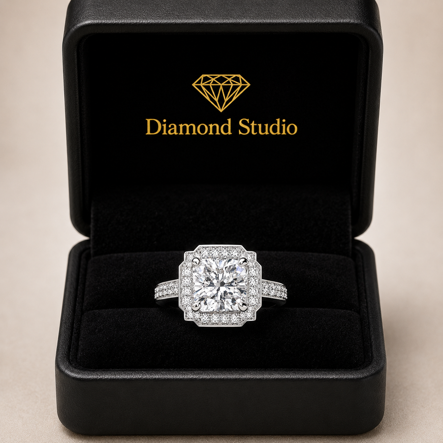 Amalia 4.5 Carat Cushion Cut Halo Pave Engagement Ring