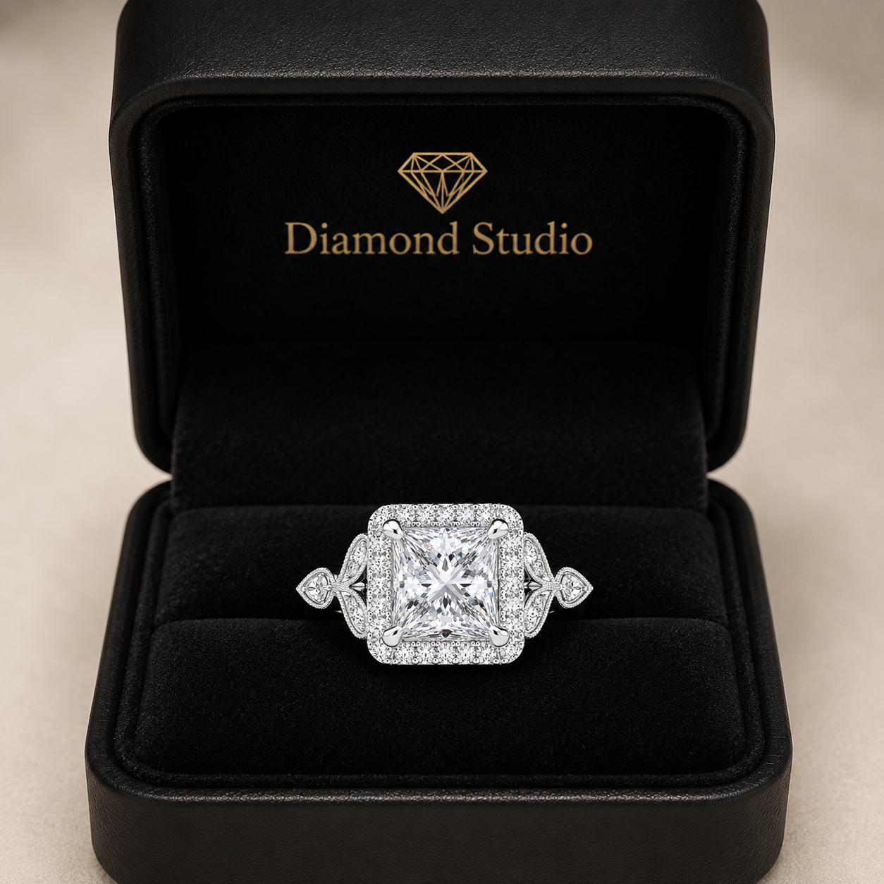 Ada 4.35 Carat Princess Cut Halo Pave Engagement Ring