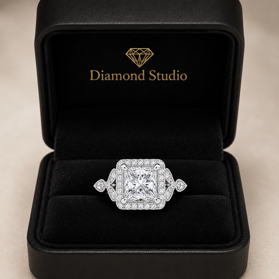 Ada 4.35 Carat Princess Cut Halo Pave Engagement Ring