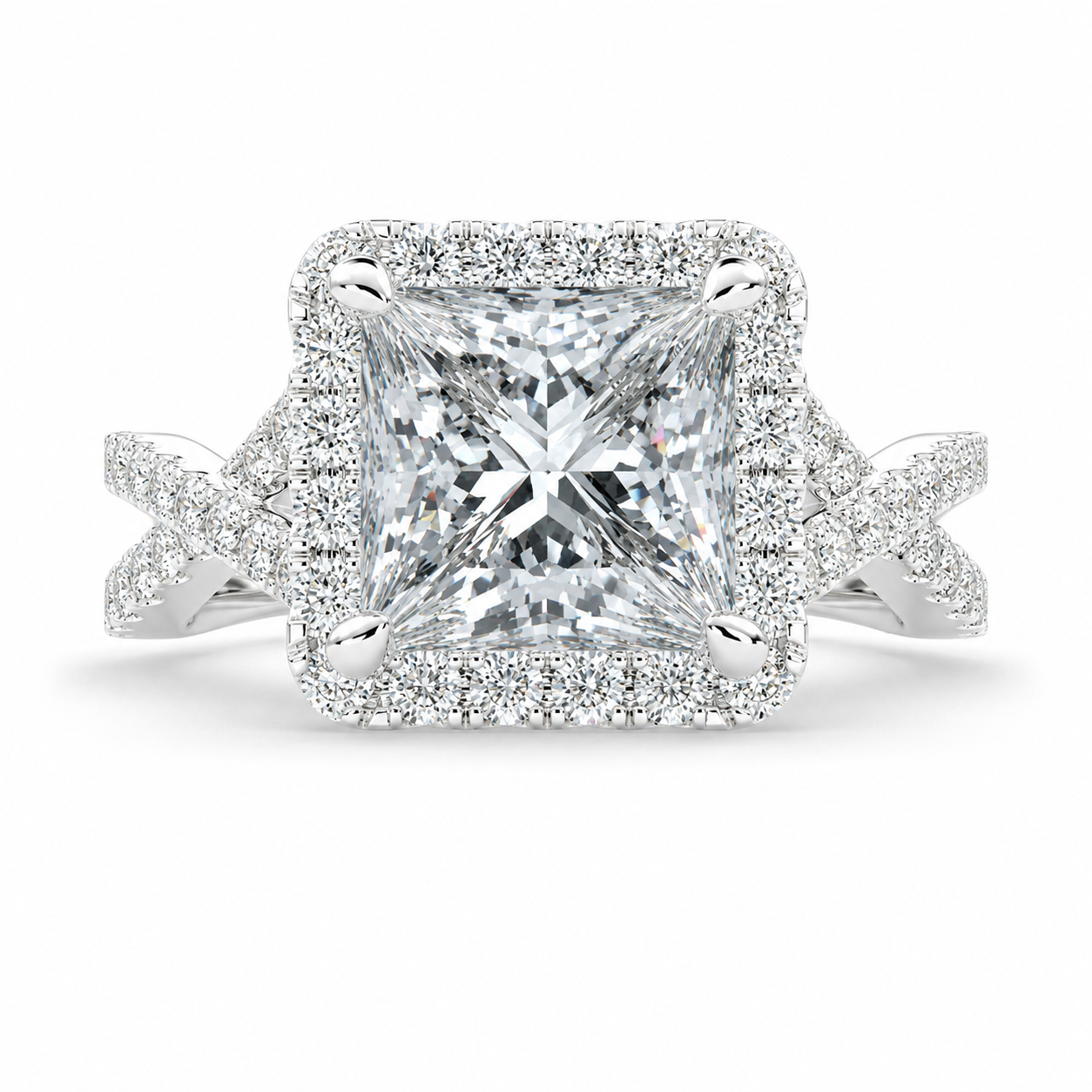 Ophelia 4.35 Carat Princess Cut Pave Halo Split Shank Engagement Ring