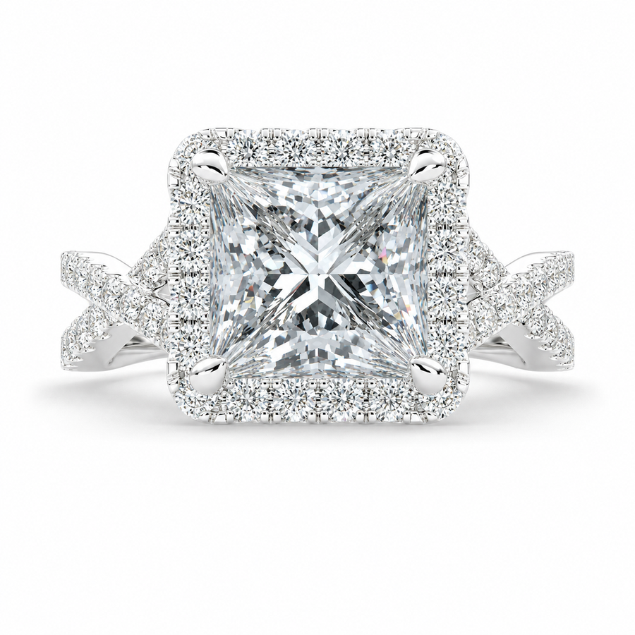 Ophelia 4.35 Carat Princess Cut Pave Halo Split Shank Engagement Ring