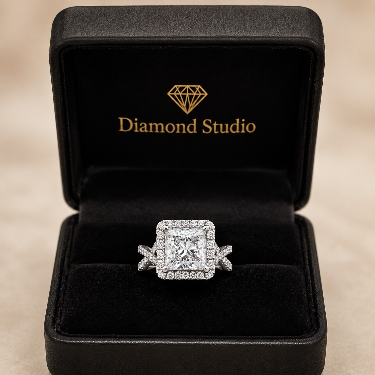 Ophelia 4.35 Carat Princess Cut Pave Halo Split Shank Engagement Ring