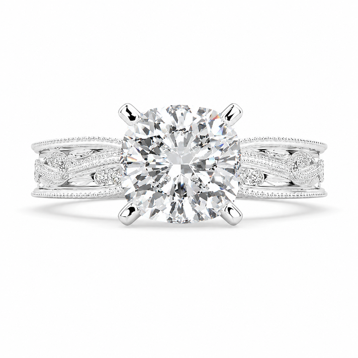 Sabrina 4 Carat Cushion Cut Solitaire Hand Engraved Milgrain Engagement Ring