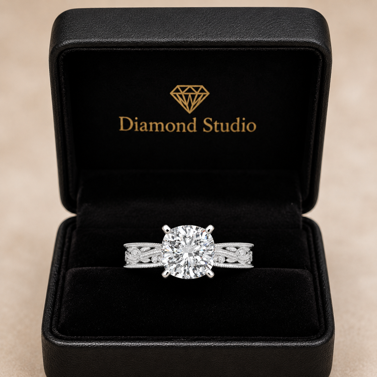 Sabrina 4 Carat Cushion Cut Solitaire Hand Engraved Milgrain Engagement Ring