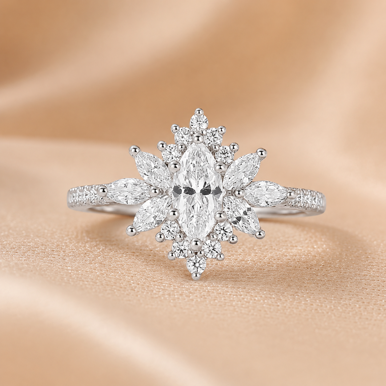 2.79 CT Vintage Marquise Lab-Grown Diamond 2PCS Bridal Set in 18K White Gold – Halo Floral Half Eternity Wedding Ring Design