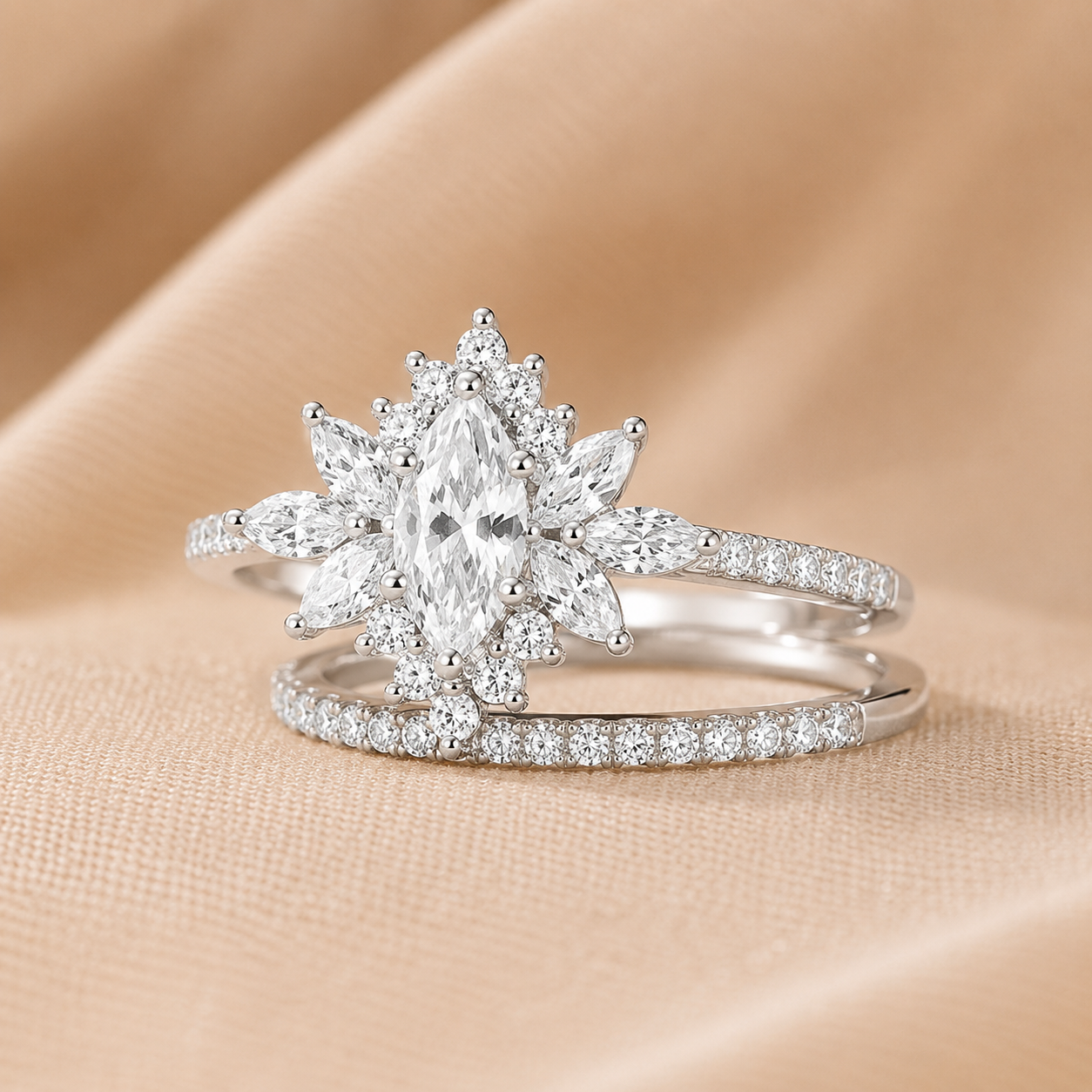 2.79 CT Vintage Marquise Lab-Grown Diamond 2PCS Bridal Set in 18K White Gold – Halo Floral Half Eternity Wedding Ring Design