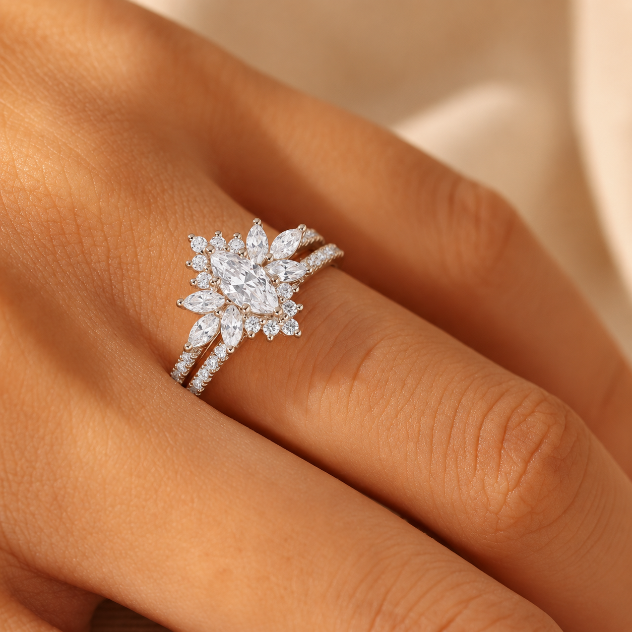 2.79 CT Vintage Marquise Lab-Grown Diamond 2PCS Bridal Set in 18K White Gold – Halo Floral Half Eternity Wedding Ring Design