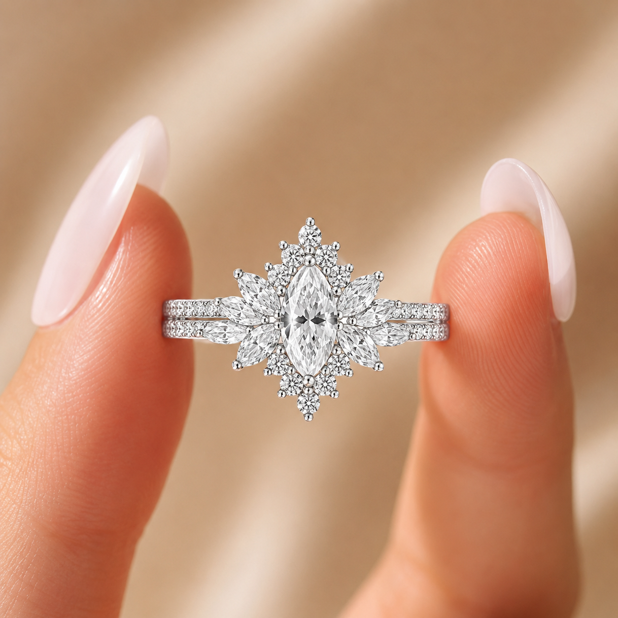 2.79 CT Vintage Marquise Lab-Grown Diamond 2PCS Bridal Set in 18K White Gold – Halo Floral Half Eternity Wedding Ring Design