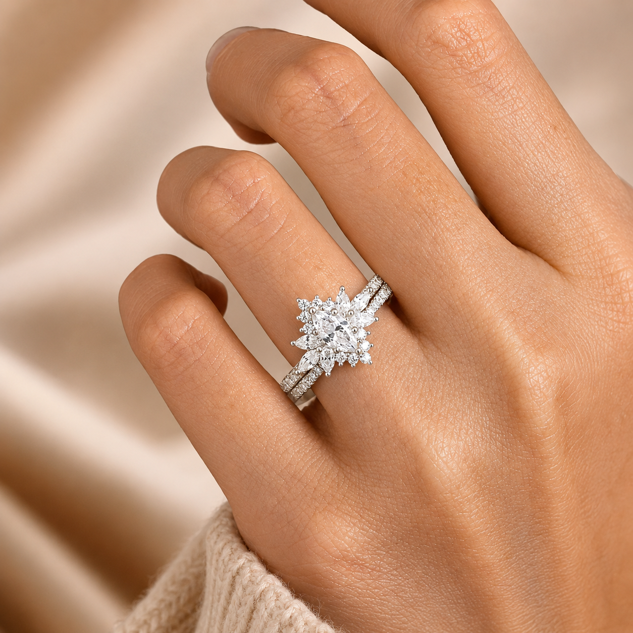 2.79 CT Vintage Marquise Lab-Grown Diamond 2PCS Bridal Set in 18K White Gold – Halo Floral Half Eternity Wedding Ring Design