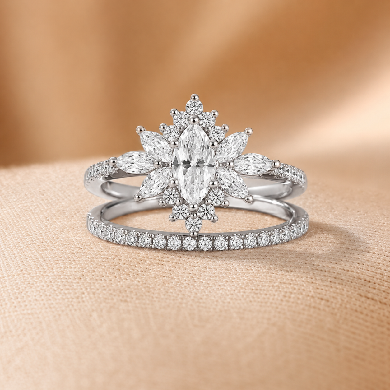 2.79 CT Vintage Marquise Lab-Grown Diamond 2PCS Bridal Set in 18K White Gold – Halo Floral Half Eternity Wedding Ring Design