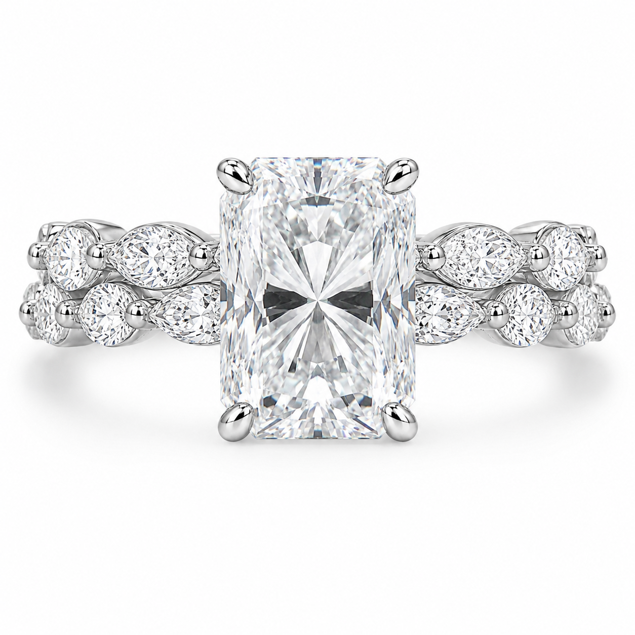 4.00 CT Radiant Cut Lab-Grown Diamond 2PCS Hidden Halo Bridal Set in 14K White Gold – Marquise Full Eternity Wedding Band Design