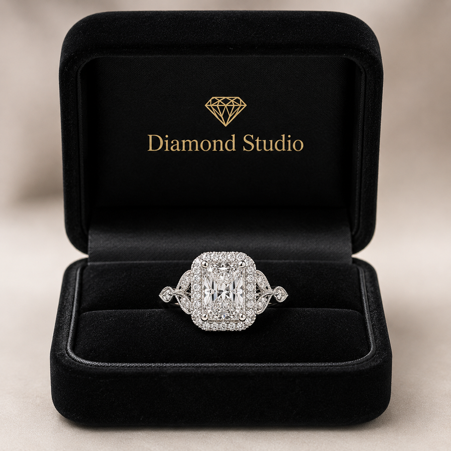 Ada 3.35 Carat Radiant Cut Halo Pave Engagement Ring