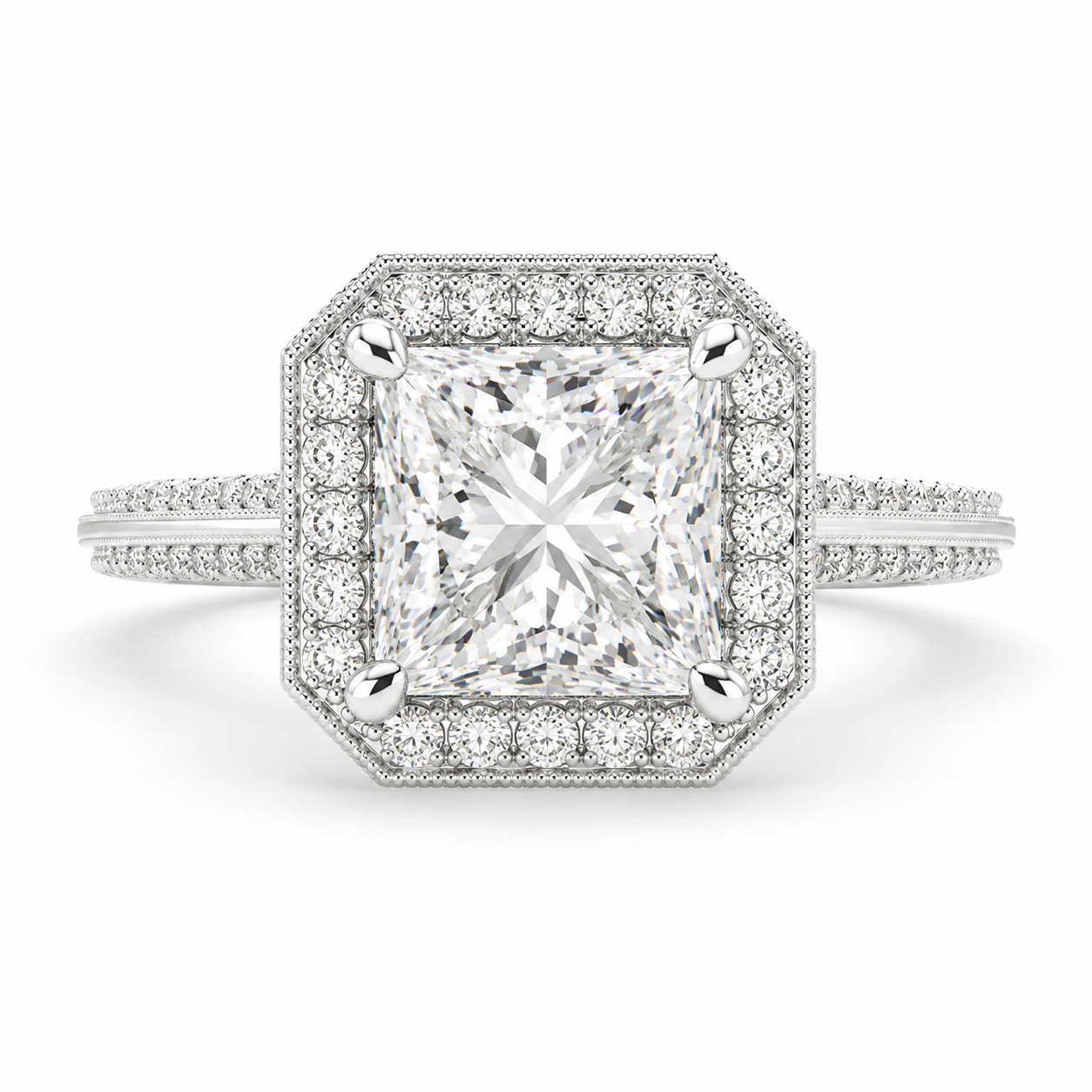 Beatrice 3.45 Carat Princess Cut Halo Pave Knife Edge Milgrain Engagement Ring