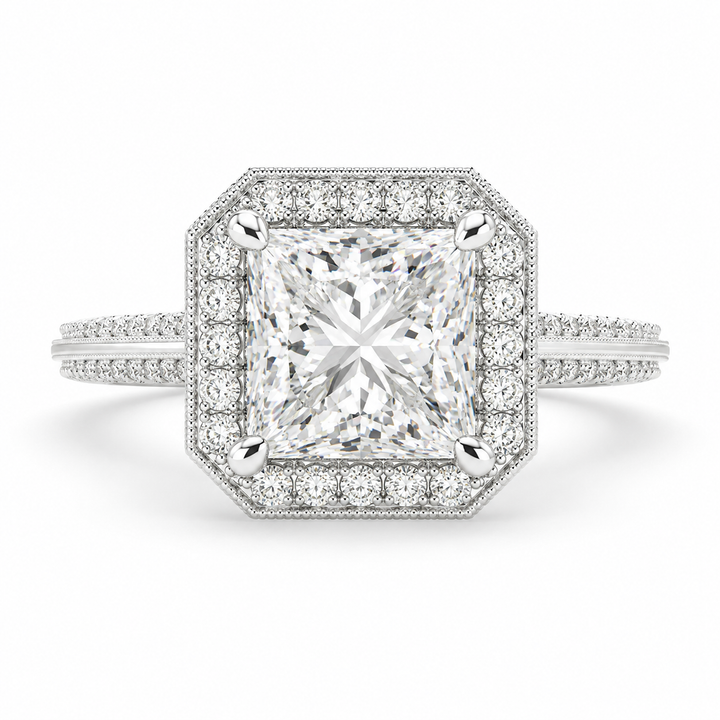 Beatrice 3.45 Carat Princess Cut Halo Pave Knife Edge Milgrain Engagement Ring