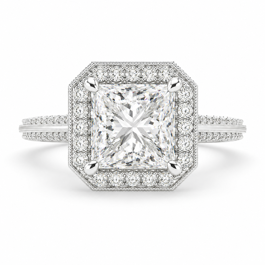 Beatrice 3.45 Carat Princess Cut Halo Pave Knife Edge Milgrain Engagement Ring