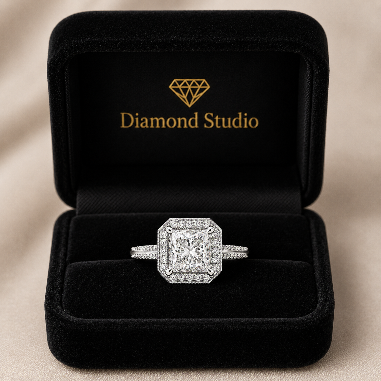 Beatrice 3.45 Carat Princess Cut Halo Pave Knife Edge Milgrain Engagement Ring