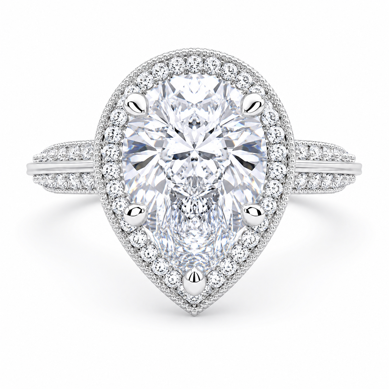 Beatrice 4.45 Carat Pear Cut Halo Pave Knife Edge Milgrain Engagement Ring