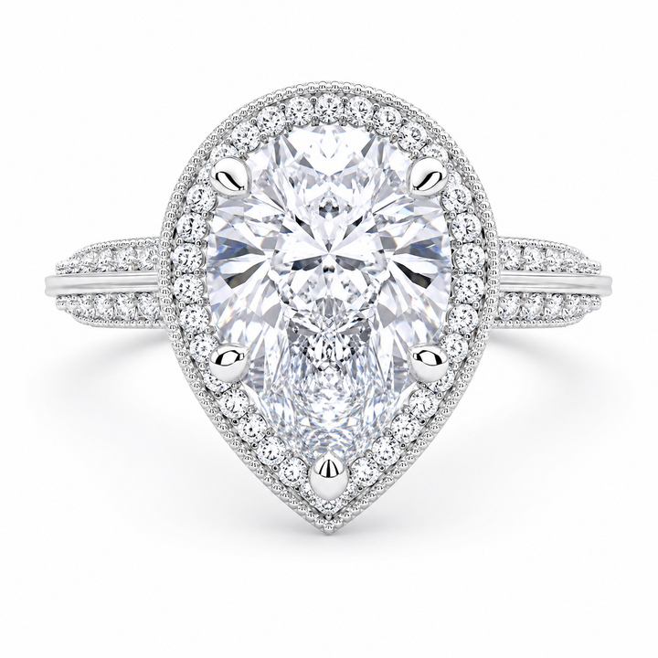 Beatrice Pear Cut Halo Pave Knife Edge Milgrain Engagement Ring