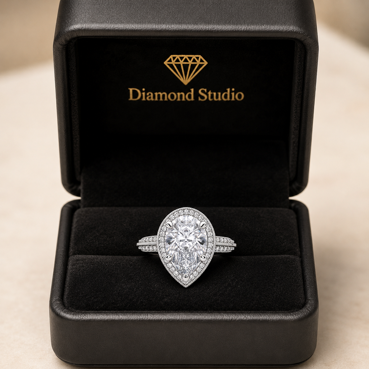 Beatrice 4.45 Carat Pear Cut Halo Pave Knife Edge Milgrain Engagement Ring