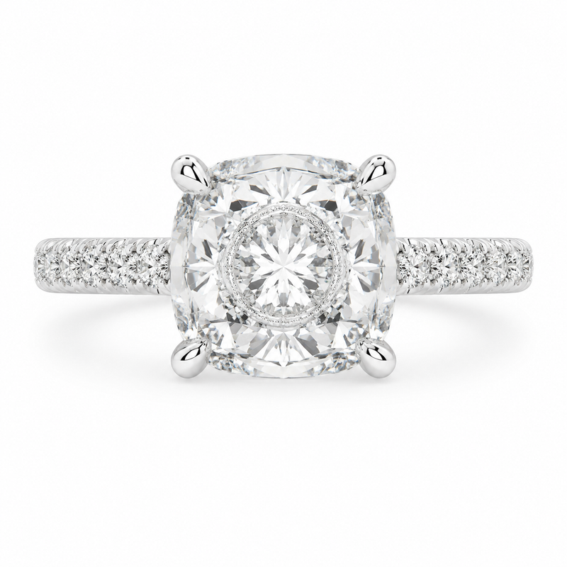 VS1 D Lab Grown Diamond Pave Cushion Ring