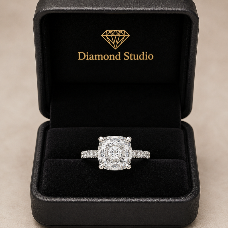 VS1 D Lab Grown Diamond Pave Cushion Ring