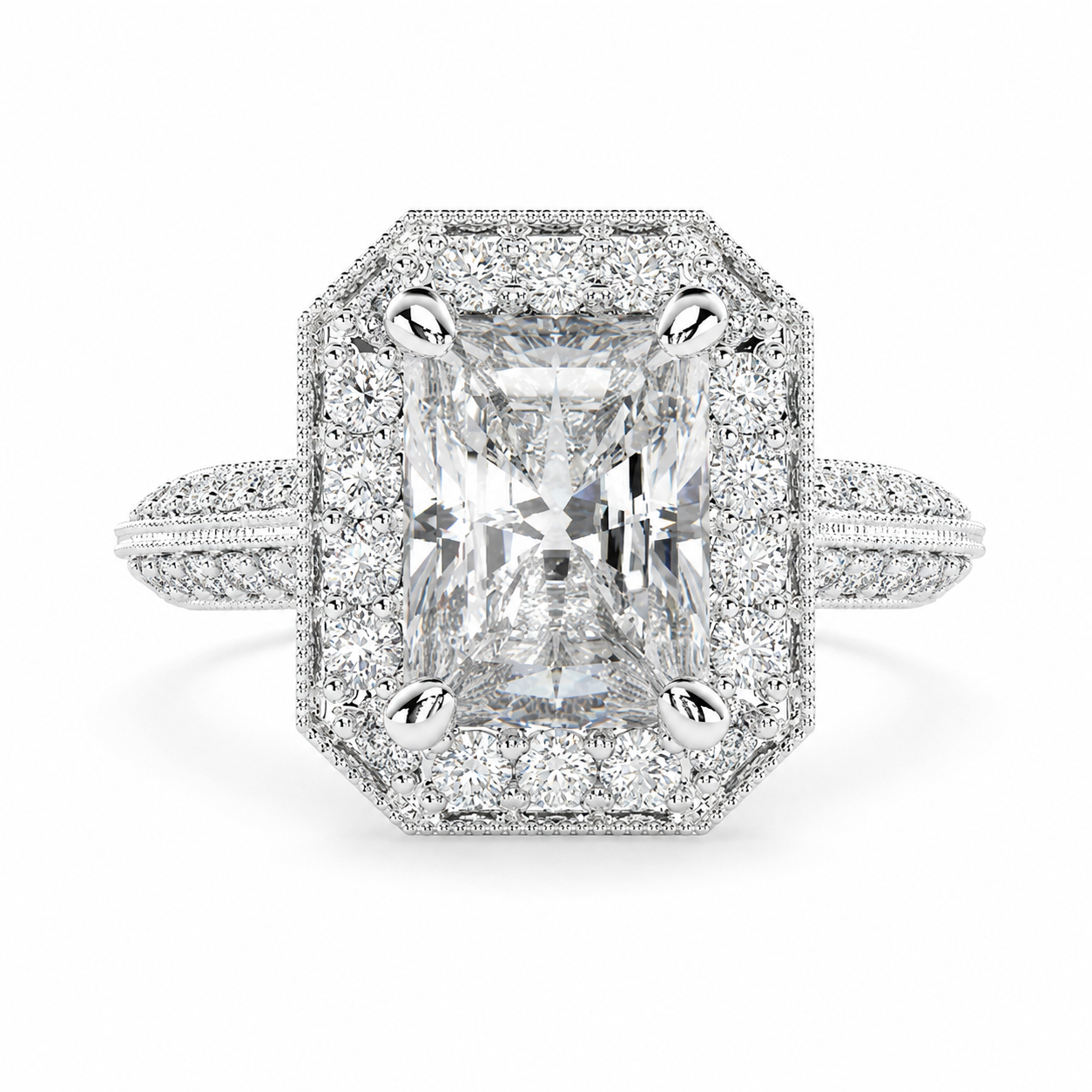 Beatrice 1.45 Carat Radiant Cut Halo Pave Knife Edge Milgrain Engagement Ring