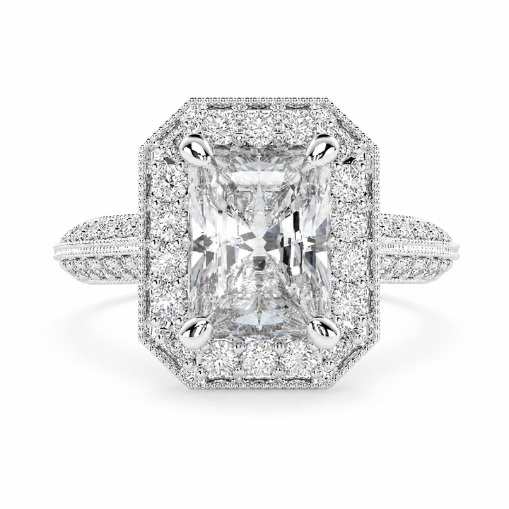 Beatrice 1.45 Carat Radiant Cut Halo Pave Knife Edge Milgrain Engagement Ring